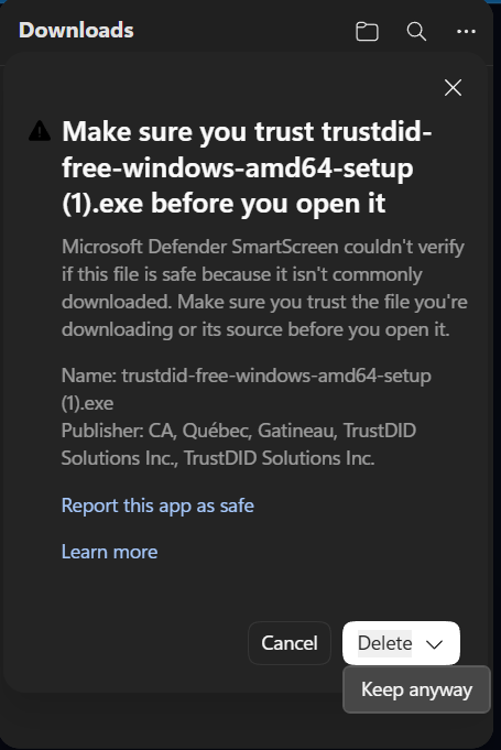 Microsoft Defender SmartScreen dialog showing Publisher: TrustDID Solutions Inc., with the Keep anyway option open under the Delete dropdown