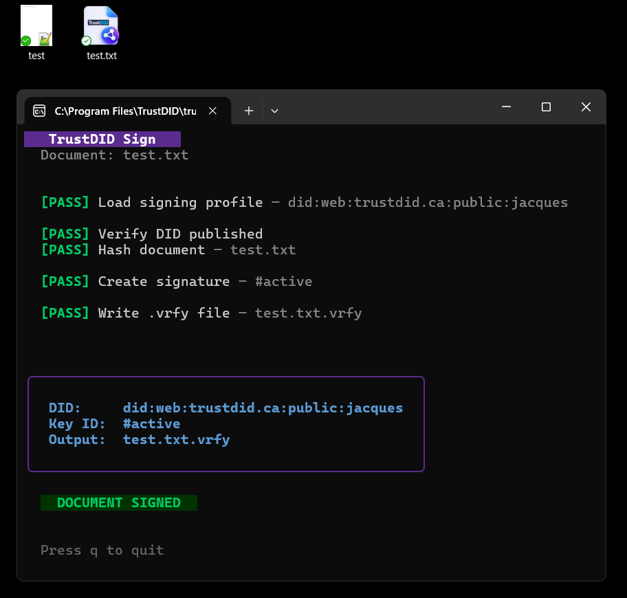 trustdid-sign terminal output: five PASS lines, then DID, key ID and the .vrfy written, ending DOCUMENT SIGNED