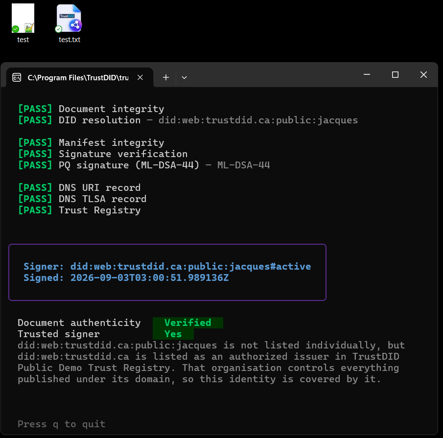 trustdid-verify terminal output: nine PASS lines including ML-DSA-44, DNS URI, DNS TLSA and Trust Registry, then Document authenticity Verified and Trusted signer Yes