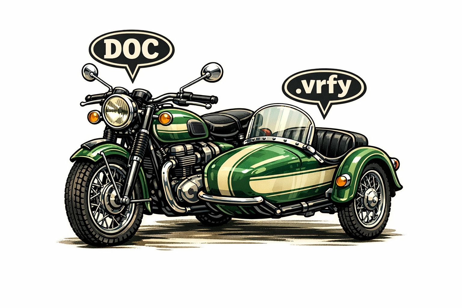 Vintage motorcycle with sidecar — the document rides the bike, its seal rides the sidecar